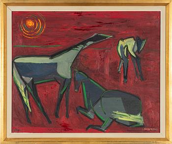 Lars Gynning, duk, Hästar i solnedgång.