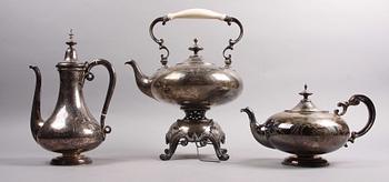 TÉ OCH KAFFESERVIS, 3 delar, silver, Gustaf Möllenborg Stockholm 1871. Tot vikt ca 3150 gram.