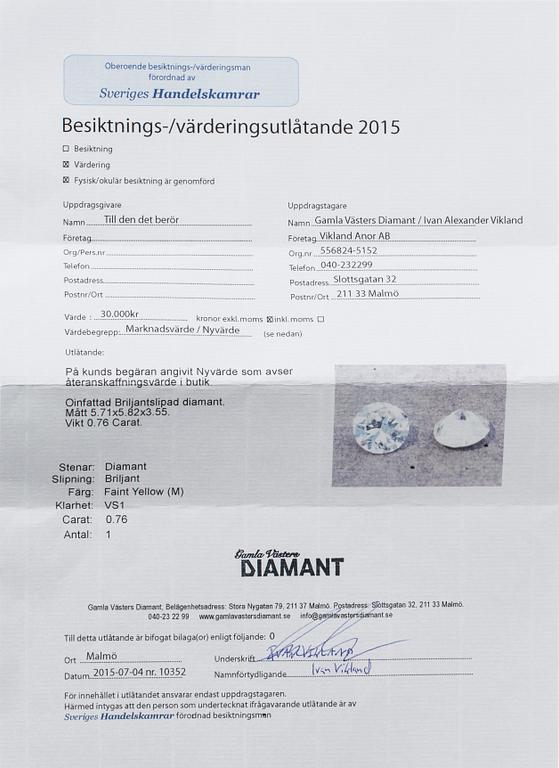 DIAMANT, briljantslipad, oinfattad, enl cert 0,76 ct.