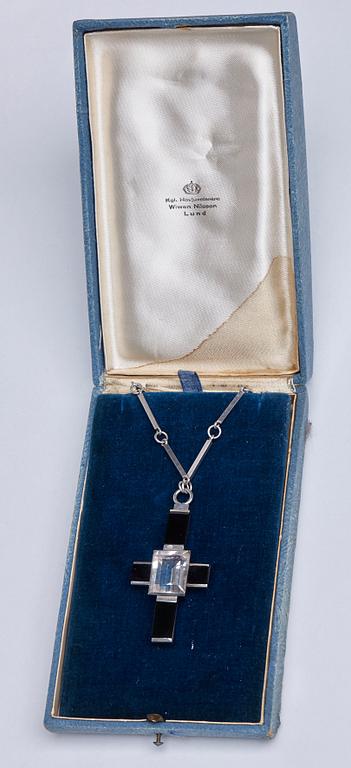 Wiwen Nilsson, a crucifix pendant and chain, sterling silver with facet cut rock crystal and onyx, Lund, Sweden 1935.