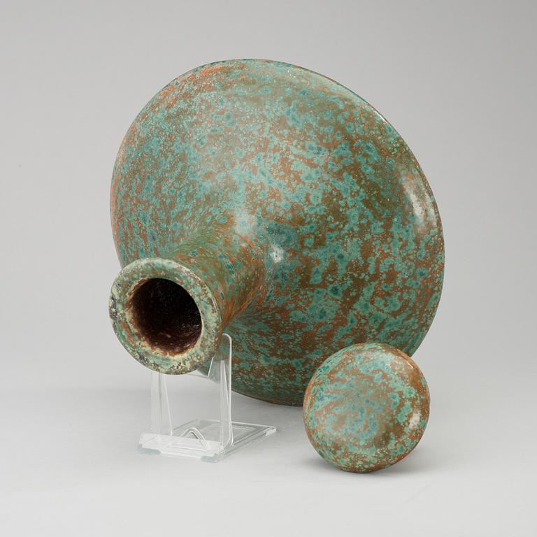 A Hans Hedberg faience bottle with stopper, Biot, France.