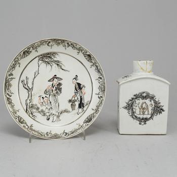 A set of three grisaille dishes and a tea caddie, Qing dynasty, Qianlong (1736-95).