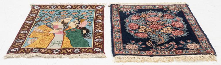 Two rugs, a figural Tabriz, c. 62 x 47 cm, & a Kerman, c. 64 x 51 cm.