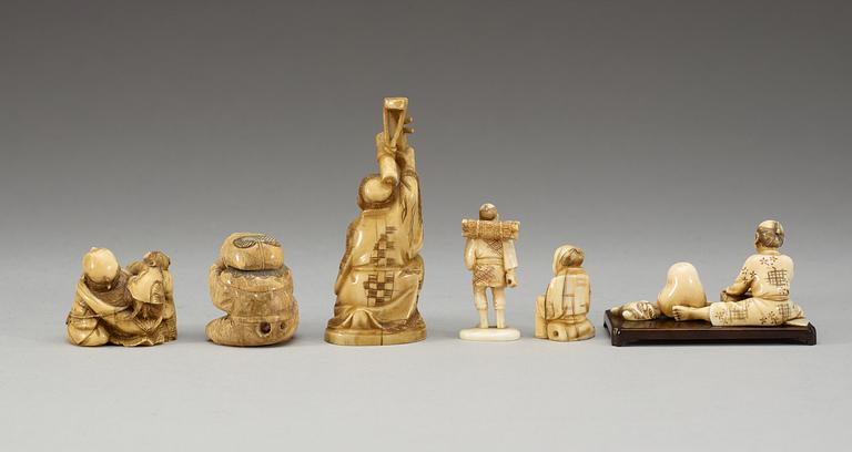 A set of six Japanese ivory and horn okimonos, Meiji period, ca 1900.