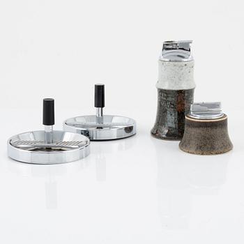 Two stoneware lighters, Rörstrand, Sweden, and two ash trays, Germany.