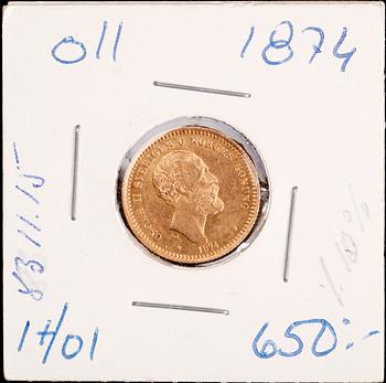 GULDMYNT, 10 kronor, Oscar II, 1874. Vikt ca 4,5 gram.