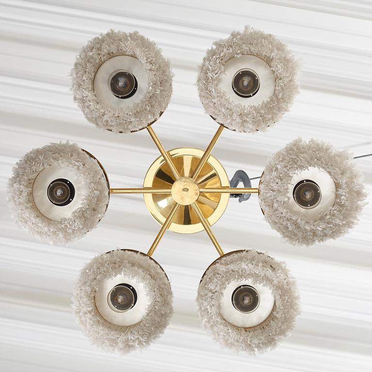 Hans-Agne Jakobsson, a six shade model "T-606" brass and tassle ceiling lamp, Markaryd, Sweden 1960-70´s.