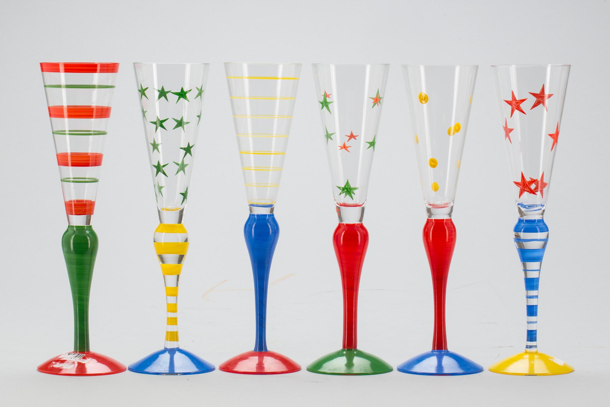 CHAMPAGNESTRUTAR, 6 st. "Clown", signerade, design Anne Nilsson, Orrefors.