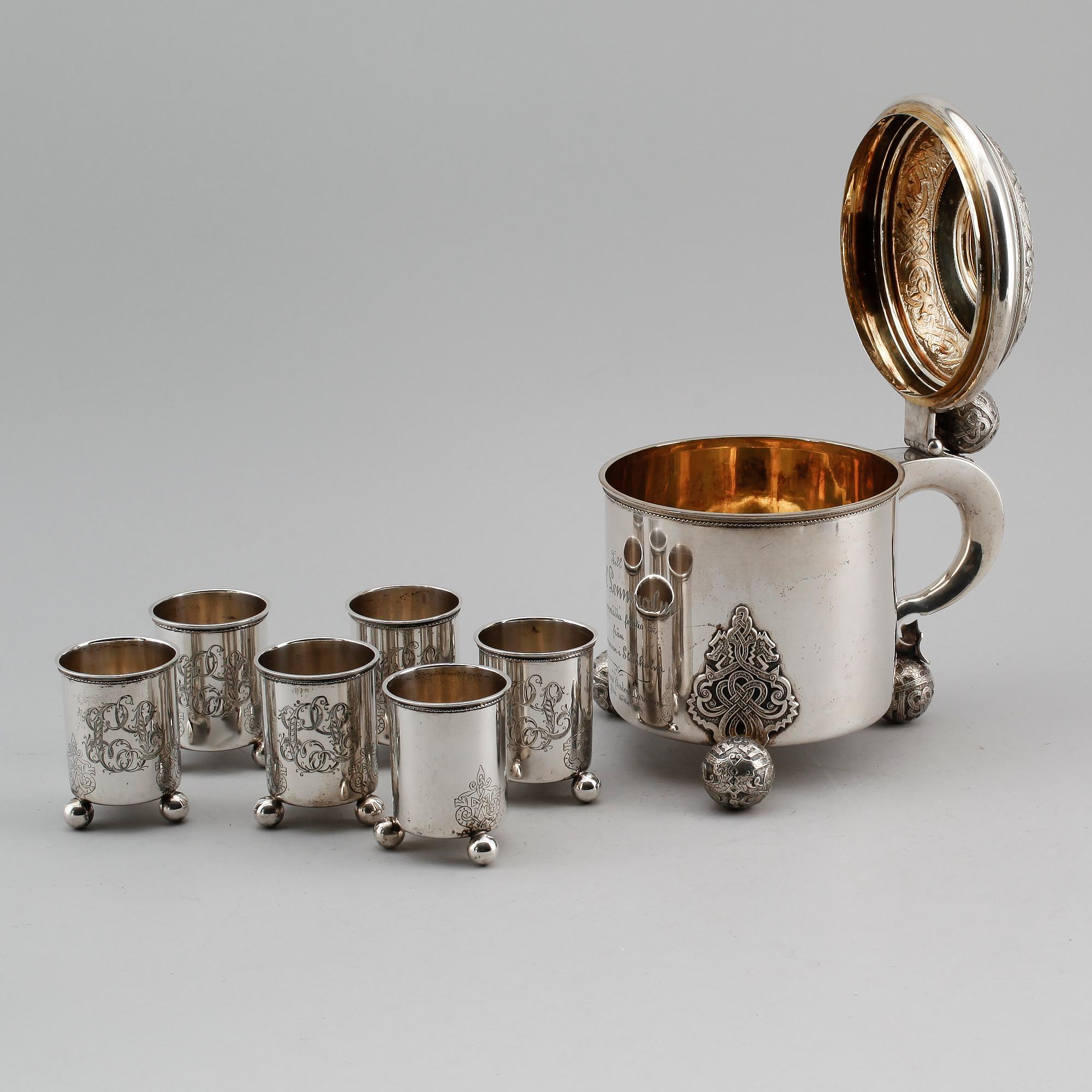 STOP samt BÄGARE, 6 st, silver, 1894/1895. Vikt ca 1244 gram.