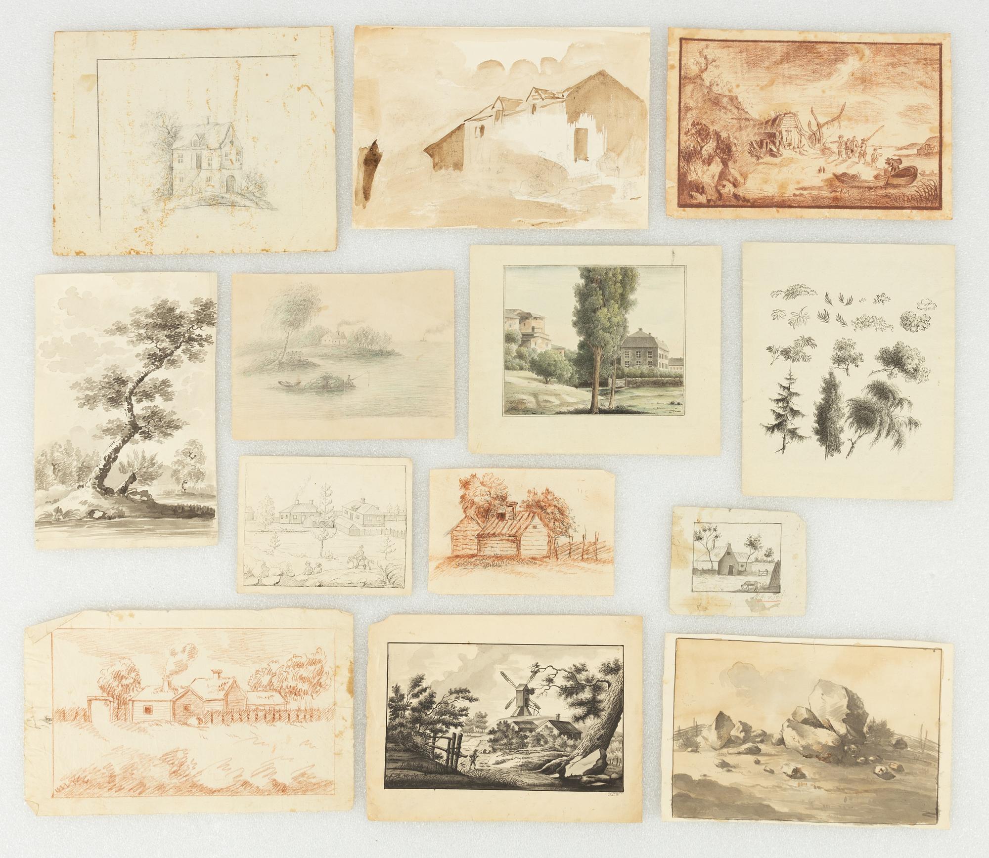 Landscape studies, 13 pieces, 17th/18th century, Including a study of a log cabin.