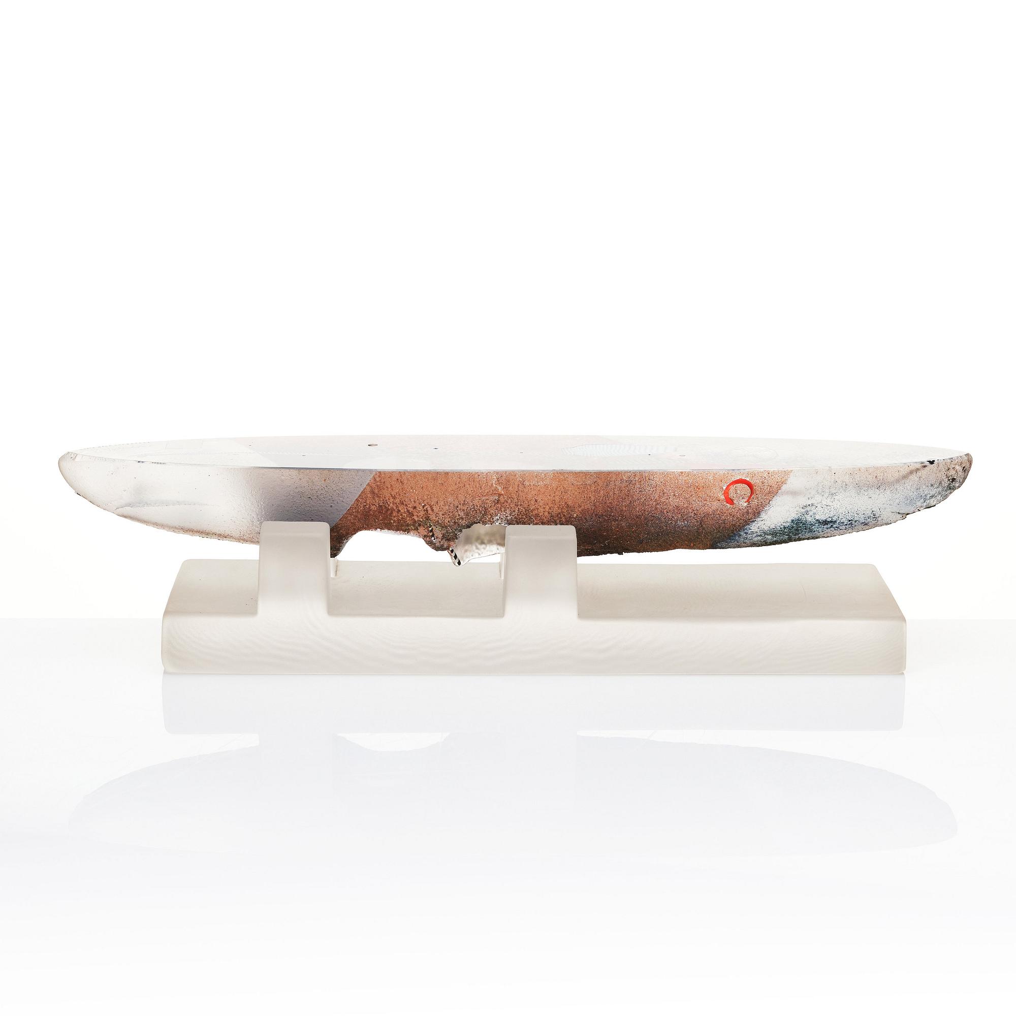 Bertil Vallien, a sand cast glass sculpture of a boat, Kosta Boda, Sweden.