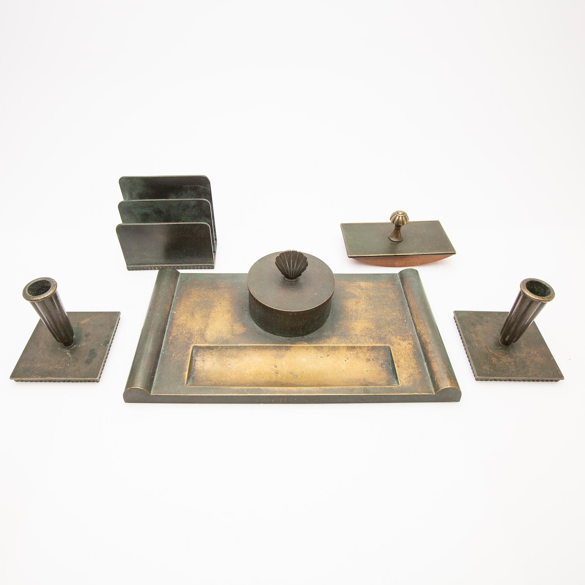 Ystad Bronze, desk set, 5 pieces, 20th century.