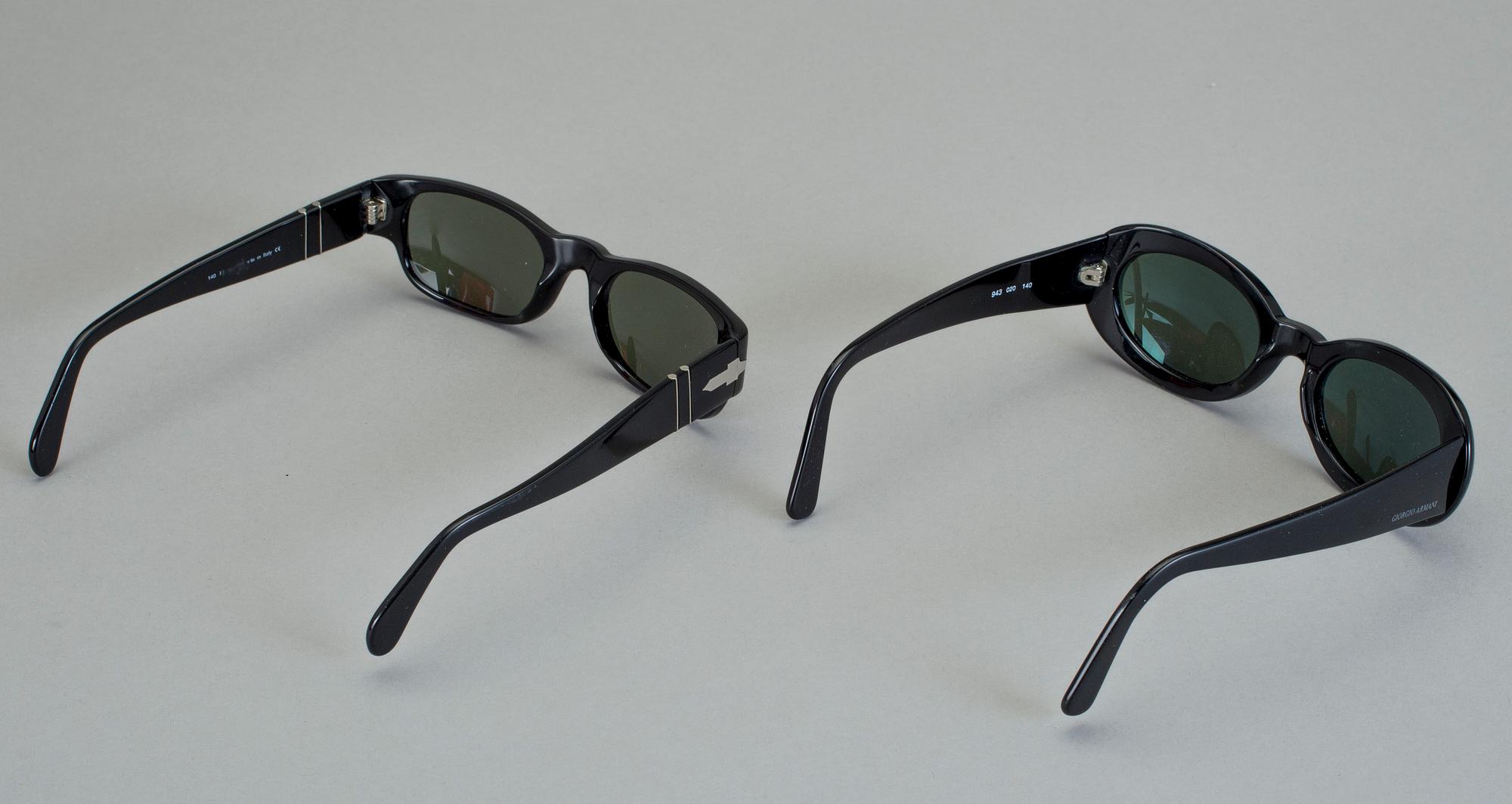 SOLGLASÖGON, 4 st, Giorgio Armani, Emporio Armani och Perso, omkring sekelskiftet 1900-talets slut.