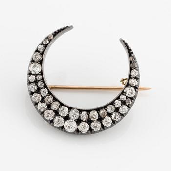 Brooch, crescent moon with old-cut diamonds.