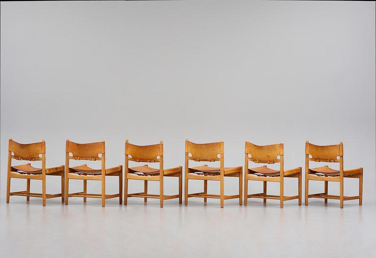 Børge Mogensen, a set of eight "Jagtspisestol"/"Spanish Dining" chairs model 3237 & 3238, Fredericia Stolefabrik, Denmark.
