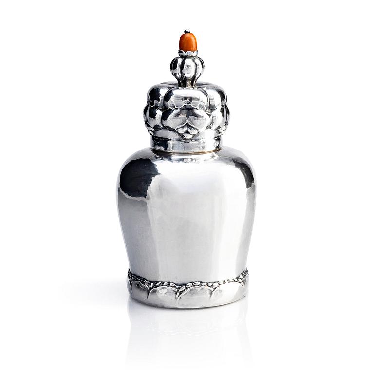 Georg Jensen, an 830/1000 silver tea caddy, Copenhagen ca 1915-1919, design nr 137, Swedish import marks.