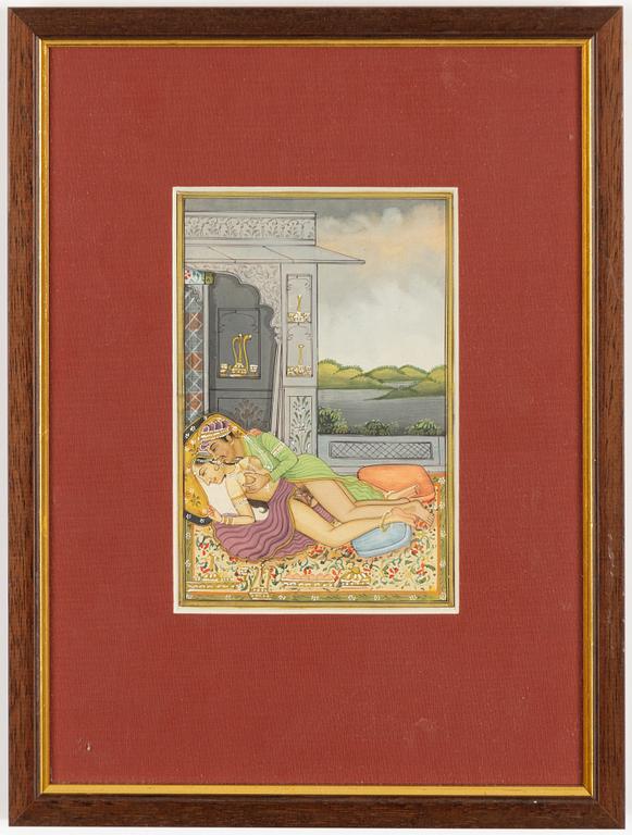 Unidentified artist, Erotic scenes in palace settings, India, 20th century. Four pieces.