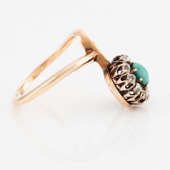 A 14K gold ring and a pair of earrings with turquoises and old cut diamonds.