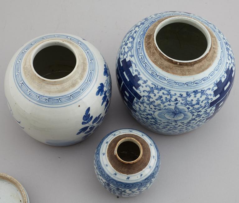 A set of three odd blue and white jars, late Qing dynasty, 19th Century.