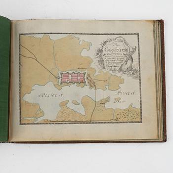 Album från 1746 med 22 akvareller över fästningar, gåva av Gabriel Cronstedt till tronföljaren Adolf Fredrik.