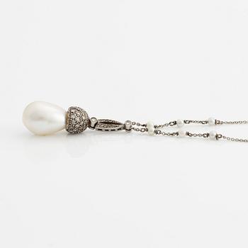 Platinum necklace with drop-shaped cultured pearl, seed pearls, and diamonds.