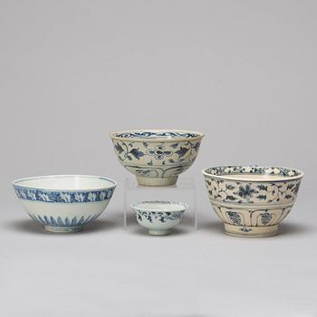 A group of for blue and white bowls, South East Asia, some 15t/h16th Centuyr.