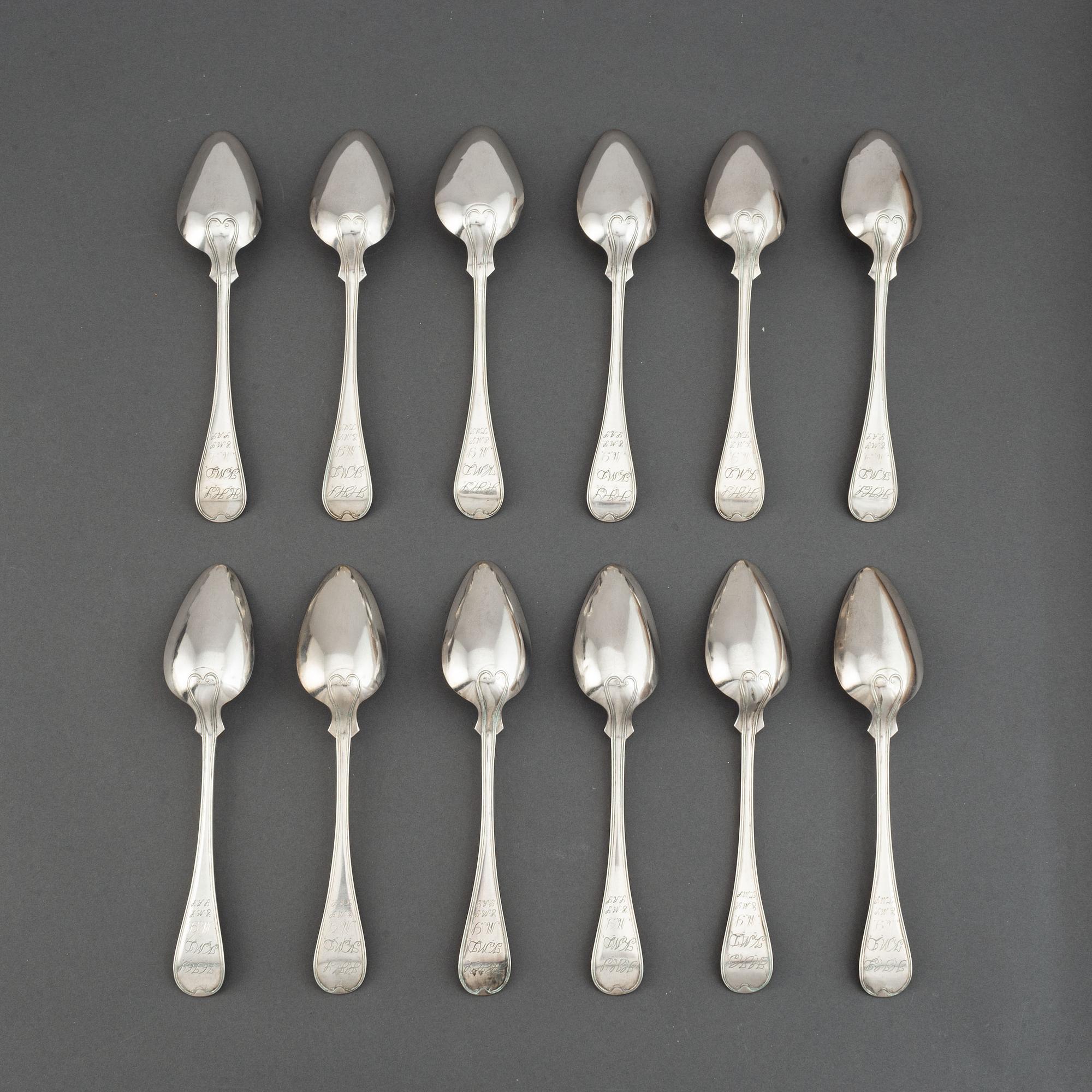 Gustaf Aulander, twelve Swedish silver spoons, Karlskrona, 1862.