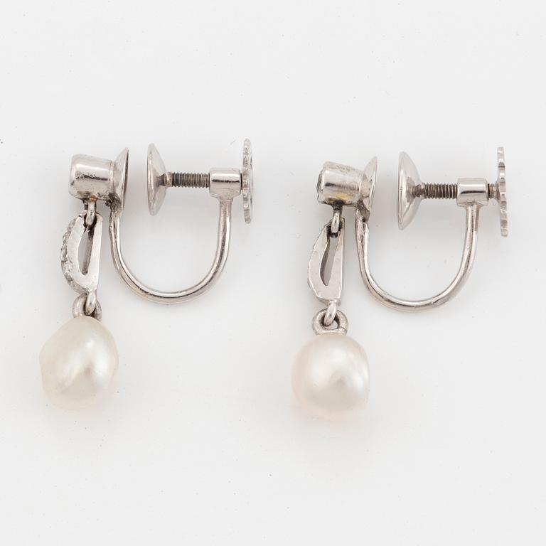 18K white gold and pearl and old-cut and rose-cut diamond earrings.