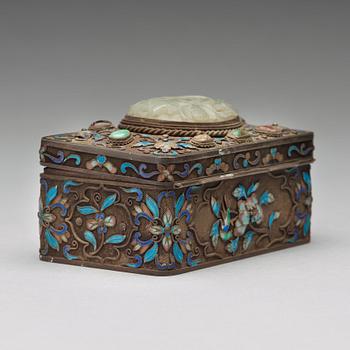 A silvered and enamelled box with cover with stone inlay, China, early 20th Century.