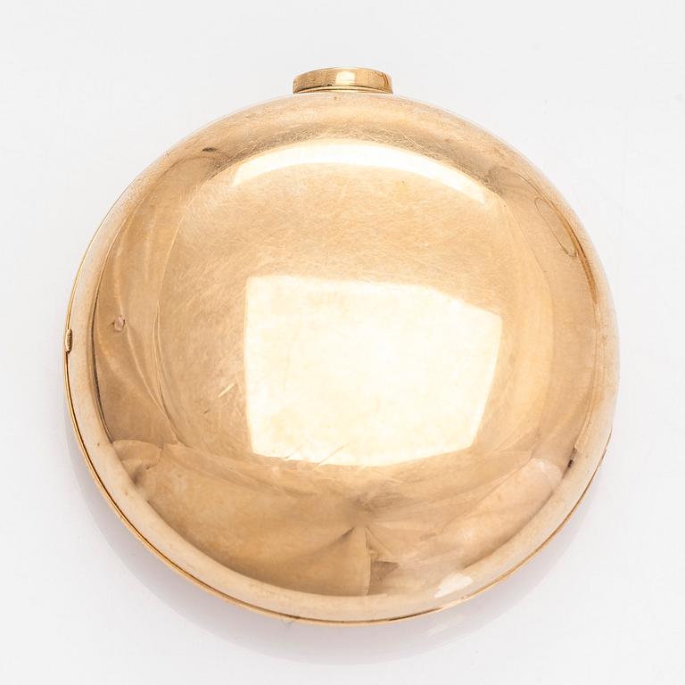 Taskukello, 52 mm, 18K kultaa, John Moncas, Liverpool, 1800-luvun ensimmäinen puolisko.