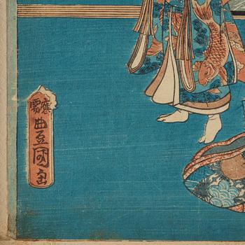 Utagawa Kunisada, four colour woodblock prints, Japan, c. 1850-60.