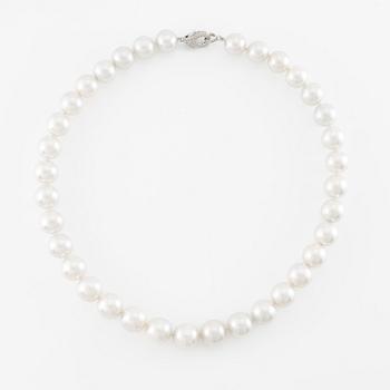 Necklace, with cultured South Sea pearls, clasp 14K white gold set with small brilliant-cut diamonds.