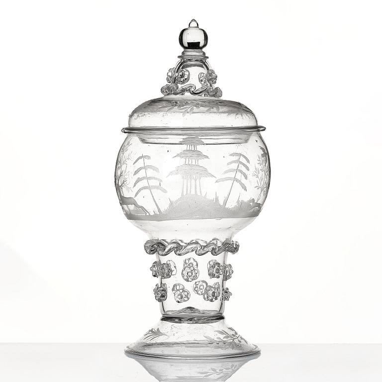 A lidded and engraved roemer from Kungsholms glasbruk, first part of the 18th century.