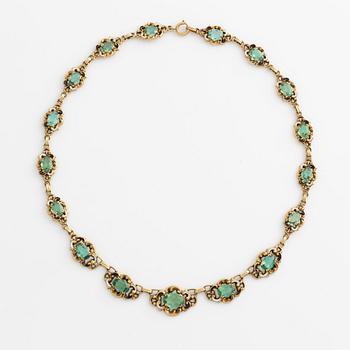 Necklace gold with green tourmalines and enamel.