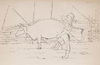 353. Hugo Simberg, MILKING THE COW IN THE MORNING.