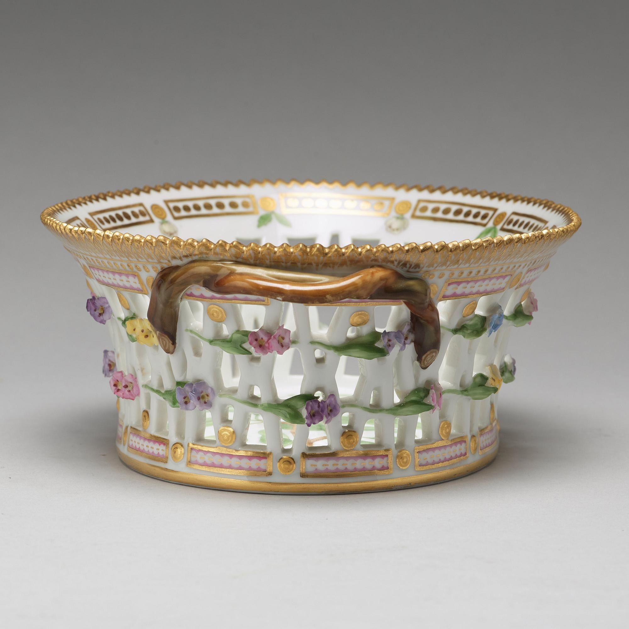 A Royal Copenhagen "Flora Danica" chesnut basket with stand, Denmark, 20th Century.