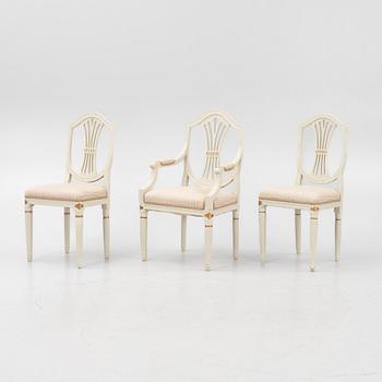 A pair of Gustavian chair and an armchair, Sweden, 19th century.