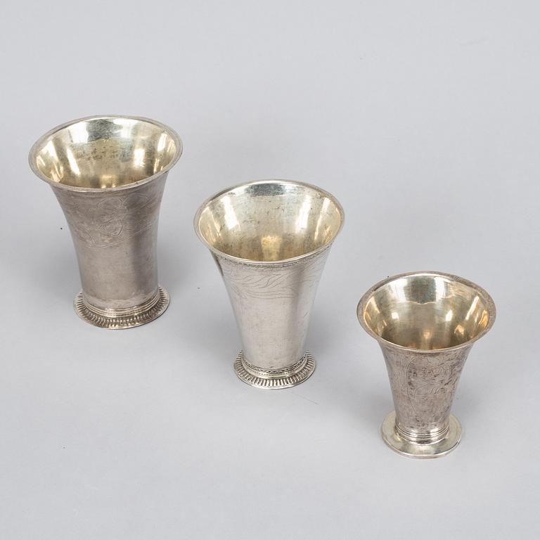 Three swedish silver beakers, including Carl Fahlberg, Uppsala 1765.