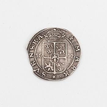A Swedish silver coin, Charles IX, 1/2 mark, 1607.