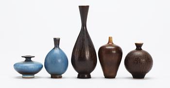 A set of five Berndt Friberg stoneware miniature vases, Gustavsberg studio 1960's.