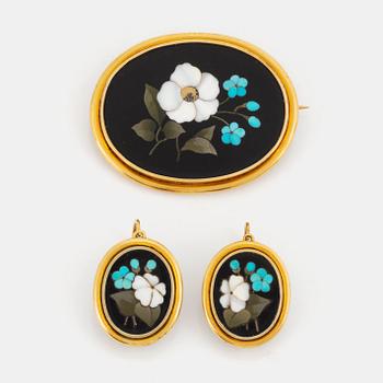 452. A pietra dura brooch and a pair of earrings, the earrings by G Möllenborg.