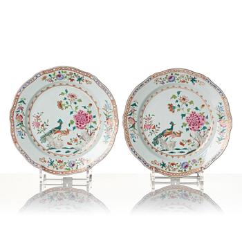 A pair of Chinese famille rose porcelain 'double peacock' plates, Qing dynasty, Qianlong (1736-95).