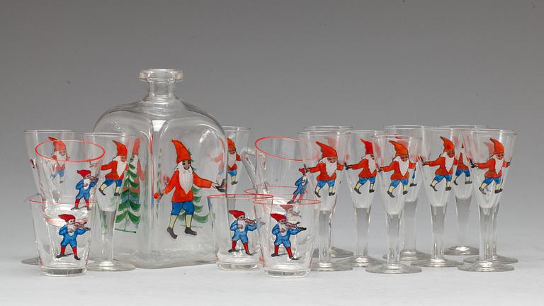 SNAPS- och GLÖGGSERVIS, glas, 19 delar, Tomtemotiv, 1900-talets första hälft/mitt.