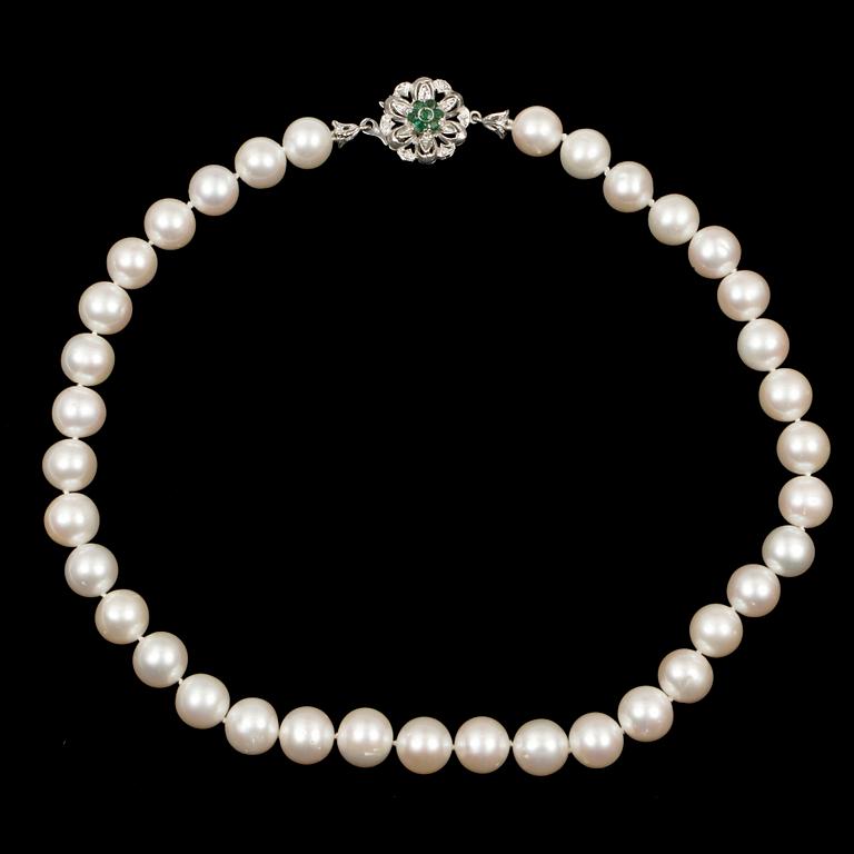 PÄRLCOLLIER, odlade  pärlor, lås 18 k vitguld med smaragder.