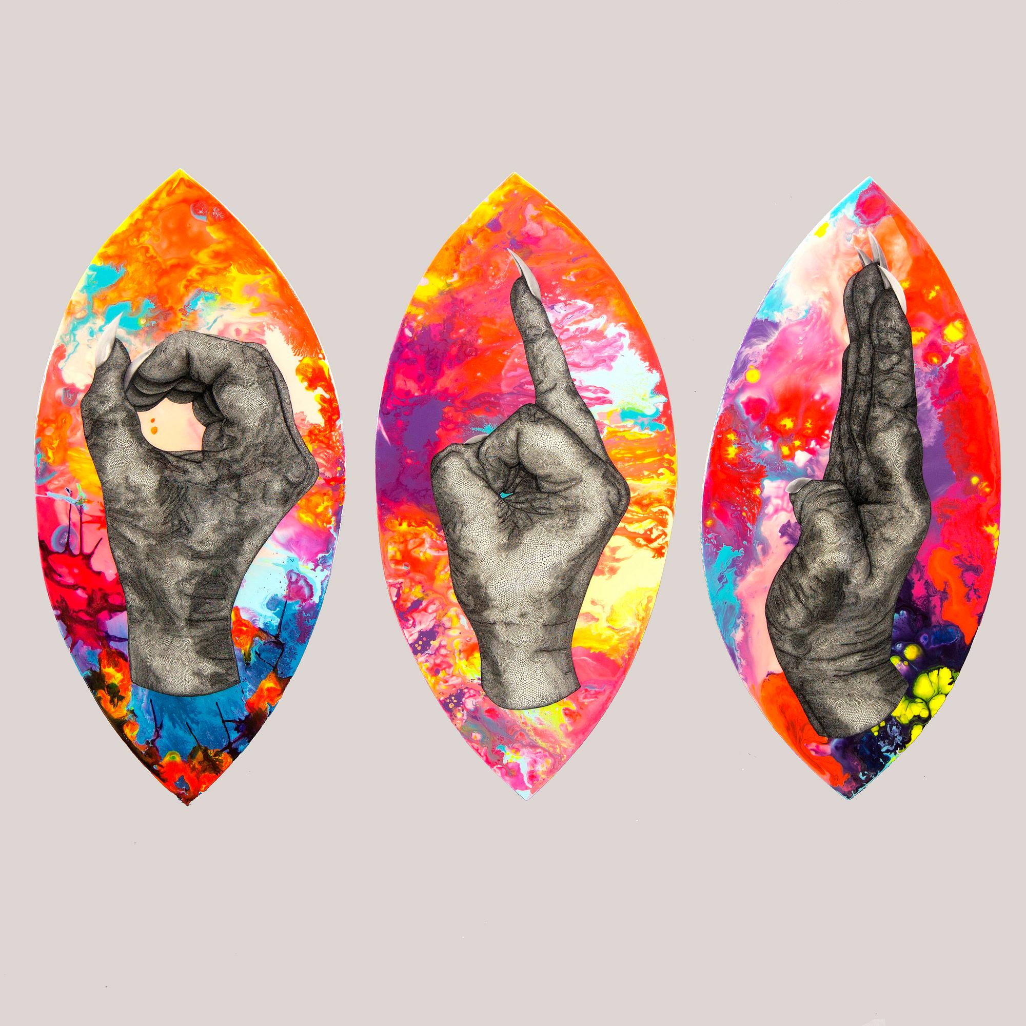 Carolina "Blue" Falkholt, triptych, mixed media on panel / board, signed on verso.