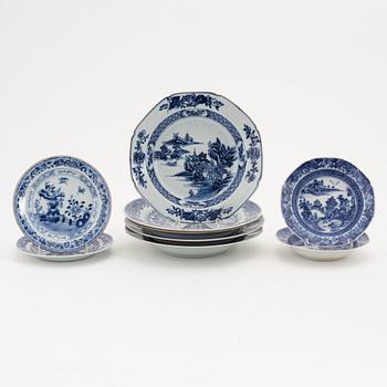 A group of five blue and white plates and four small dishes, Qing dynasty, Qianlong (1736-95).