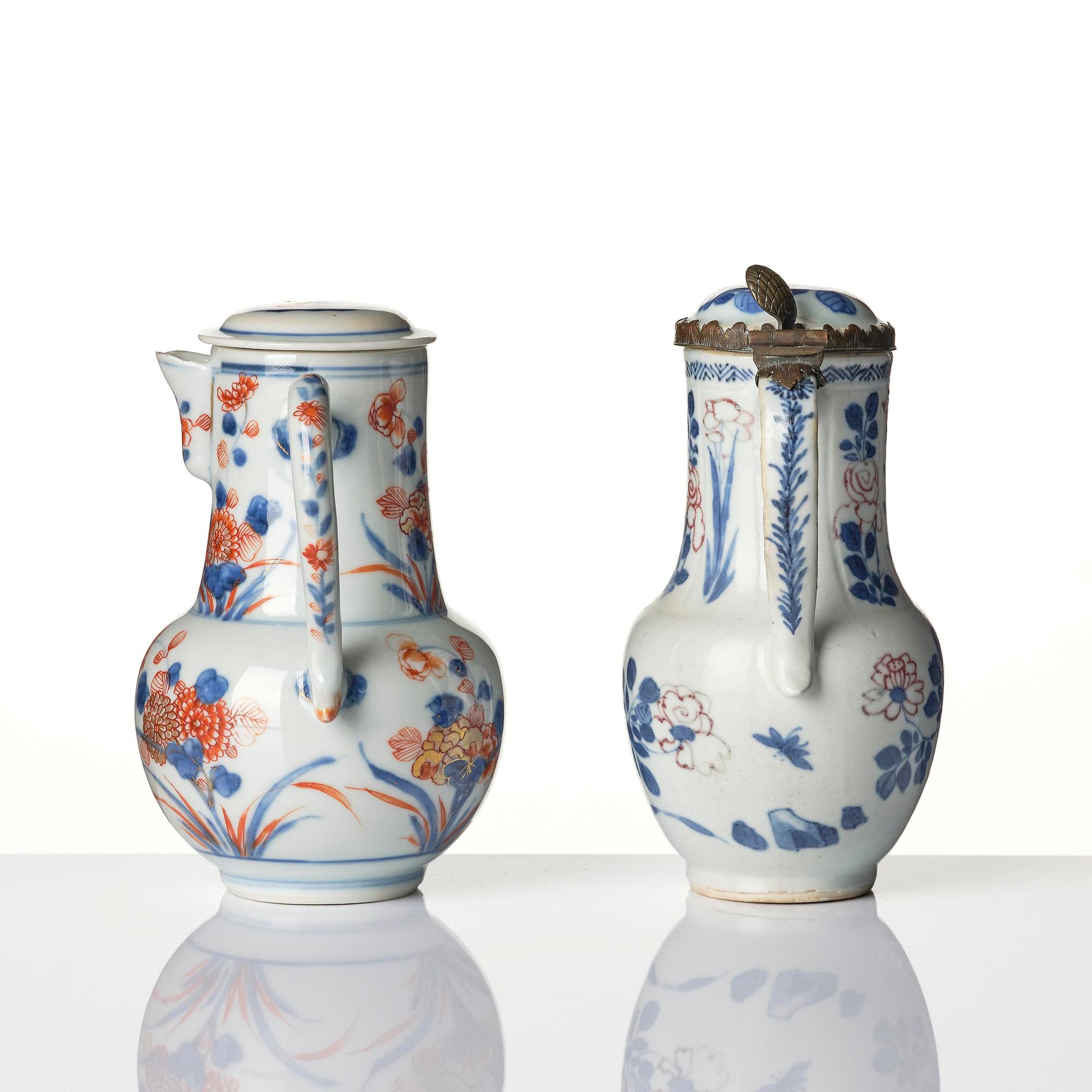 An underglaze red, celadon and an imari ewer with cover, Qing dynasty, Kangxi (1662-1722).