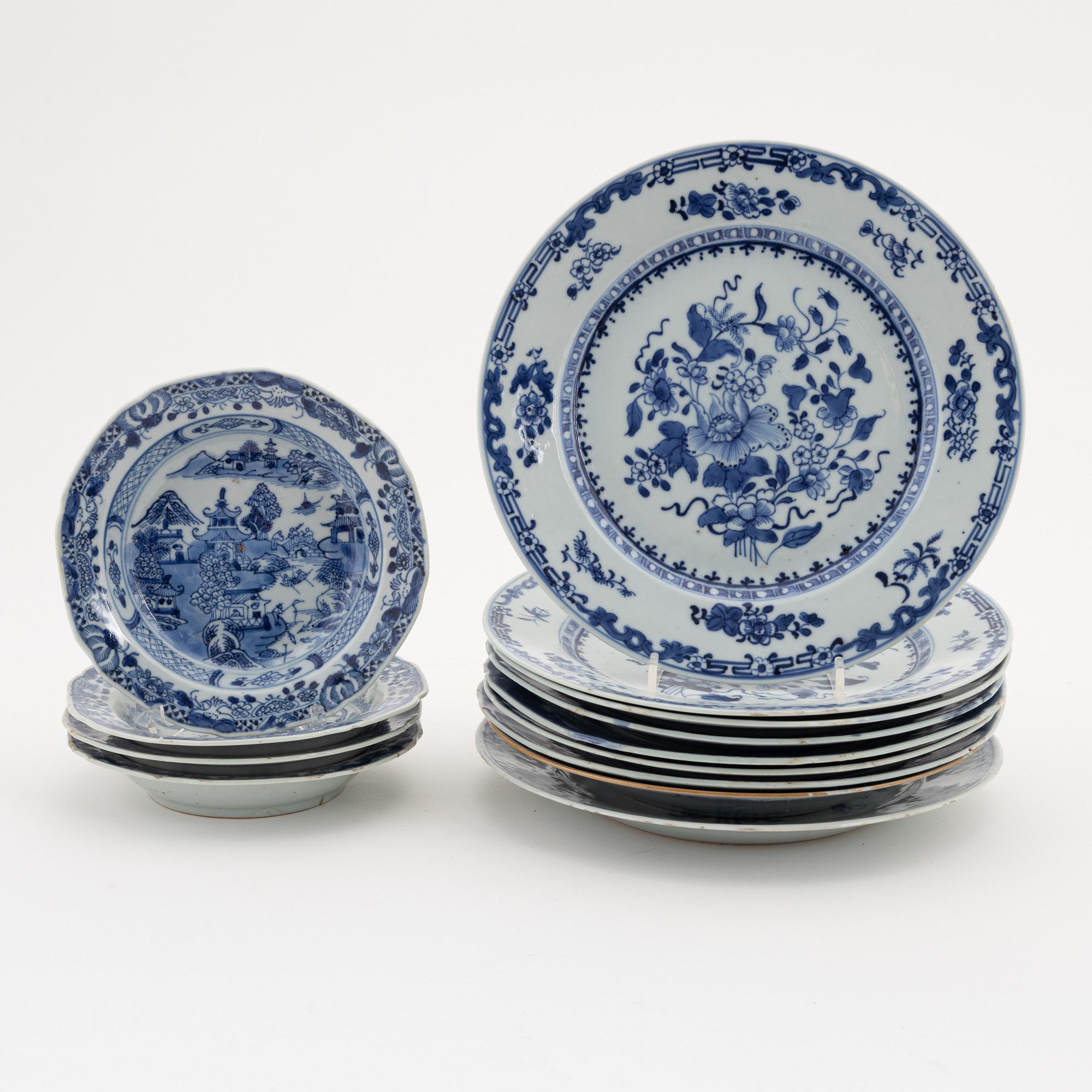 A group of nine Chinese blue and white plates and four dessert dishes, Qianlong and Jiaqing, 18th and 19th century.
