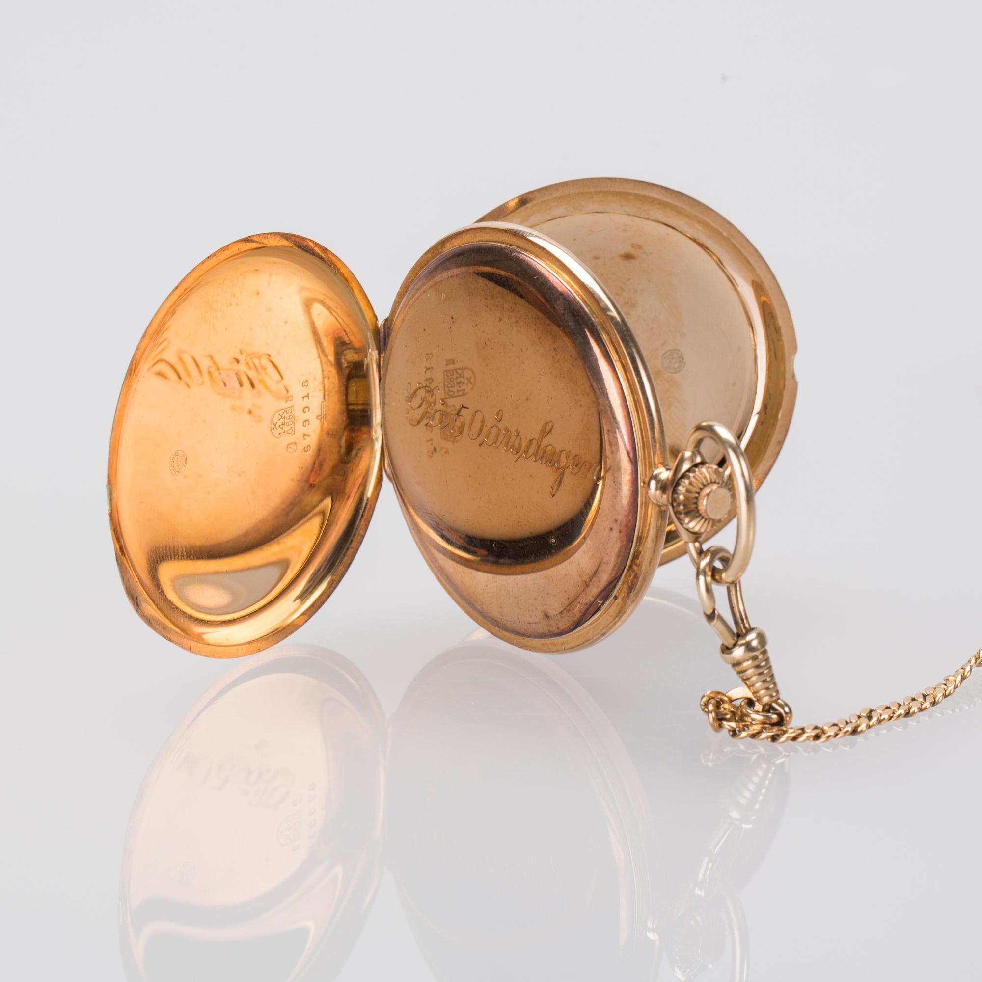 FICKUR, 14K guld, 1900-talets första hälft. Total vikt inklusive urverk och kedja(18K) ca 84 g.