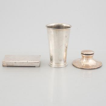 A Swedish silver beaker, an inkwell and a box, including Hugo Grun & Co, Stockholm 1948.